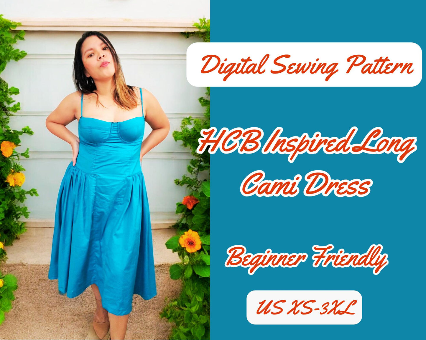 Patrón de vestido de mujer, vestido camisola escotado, PDF digital XS-4XL, patrón de costura, vestido de fiesta