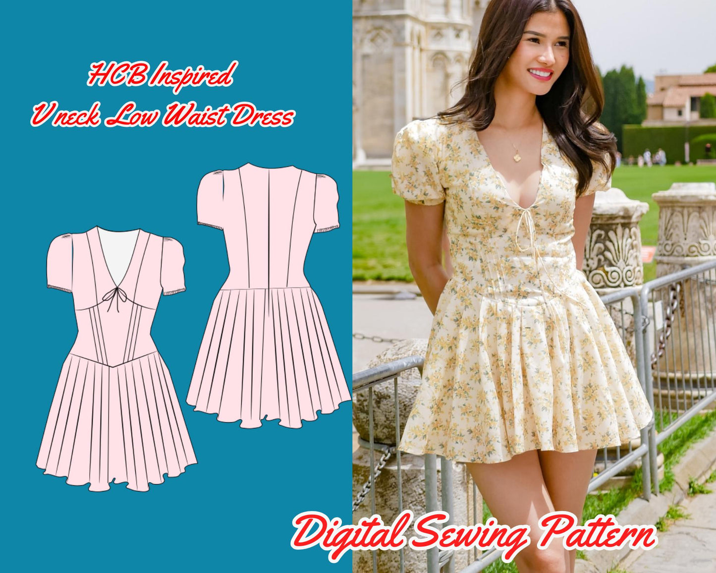 Kleidmuster mit niedriger Taille, Puffärmel mit tiefem Ausschnitt, kurzes Kleid, digitale Datei, Sommerkleid, Größe XS-3XL, Diy-Mode, tiefe Taille