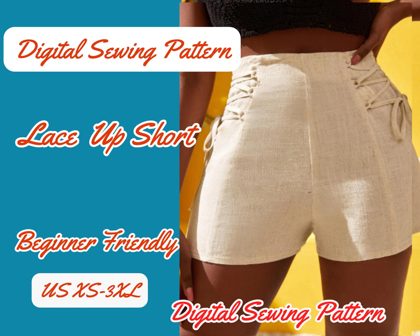 Patrón de costura digital para pantalones cortos de cintura alta con cremallera en la espalda, tallas XS-XL