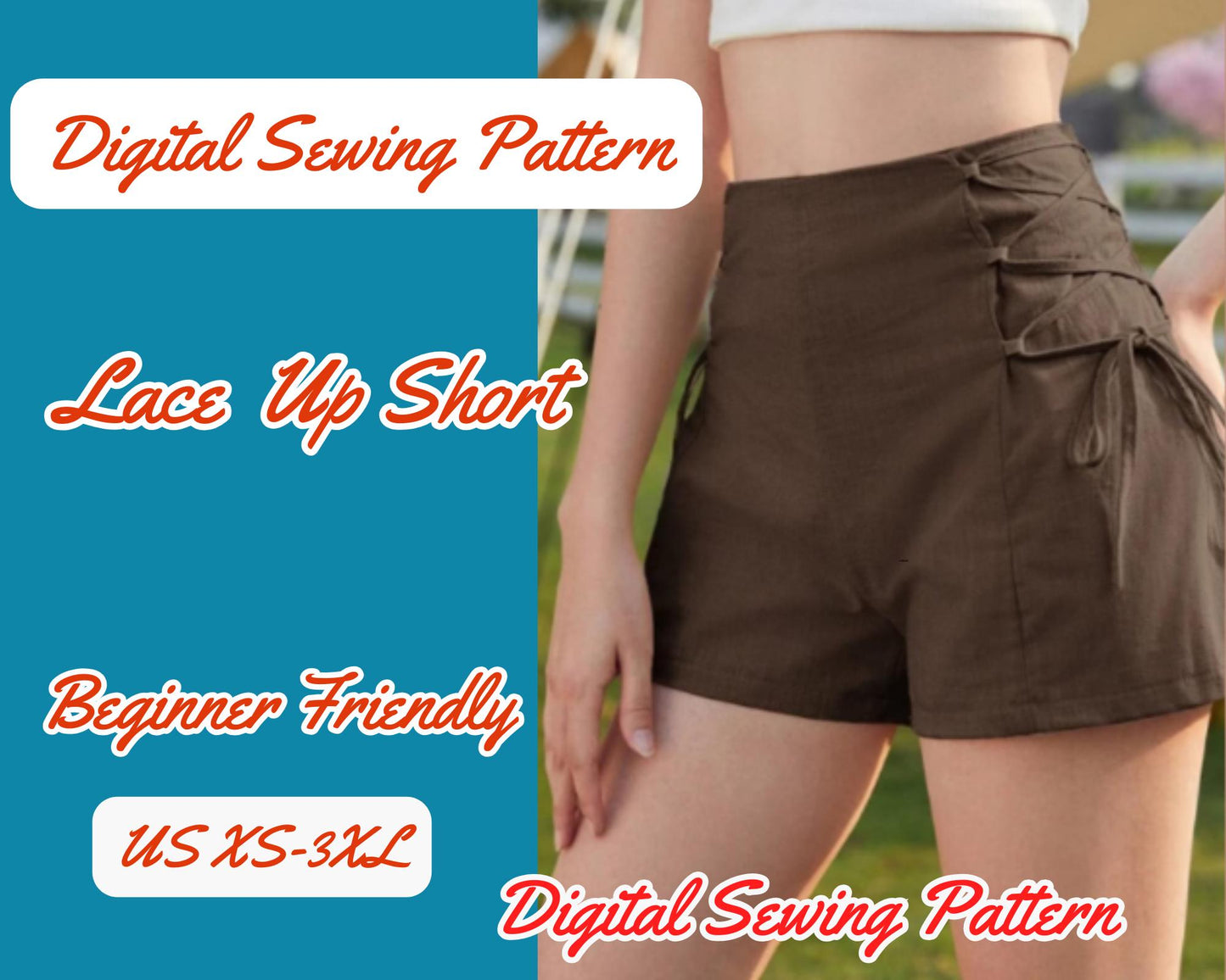 Patrón de costura digital para pantalones cortos de cintura alta con cremallera en la espalda, tallas XS-XL