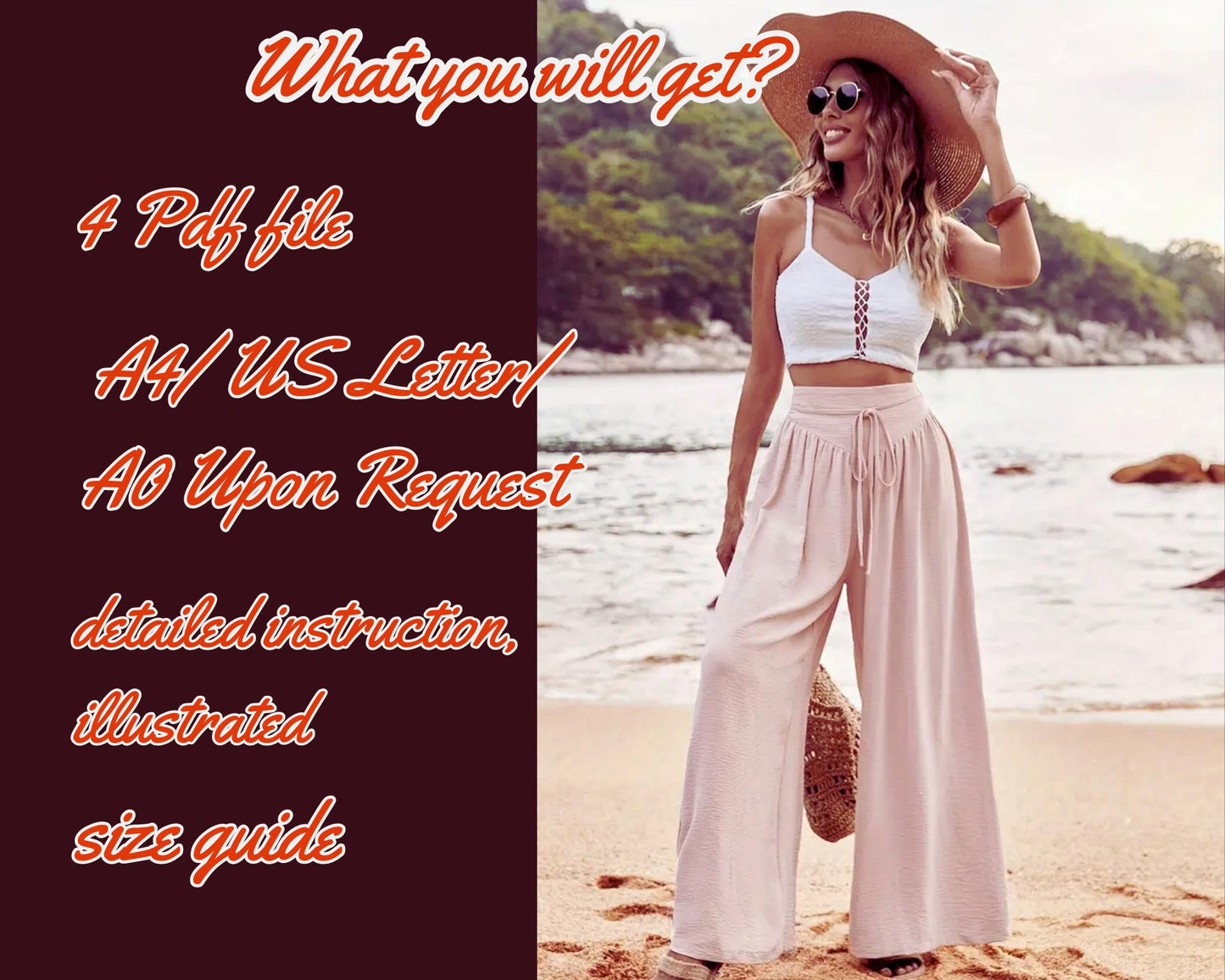 Patrón de costura para pantalones anchos de cintura alta, pantalones casuales holgados para primavera y verano, ropa de mujer DIY, tallas XS-3XL, estilo palazzo playero, patrón en PDF