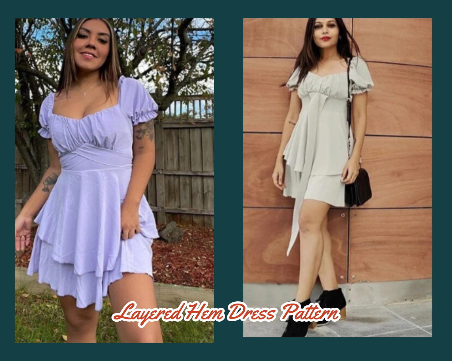 Patrón de costura de vestido, falda de doble capa, PDF, espalda abullonada con lazo, mangas XS-4XL, vestido de fiesta fácil de coser, vestido de escote corazón, plantilla de vestido