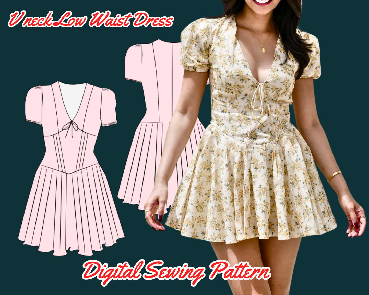 Kleidmuster mit niedriger Taille, Puffärmel mit tiefem Ausschnitt, kurzes Kleid, digitale Datei, Sommerkleid, Größe XS-3XL, Diy-Mode, tiefe Taille