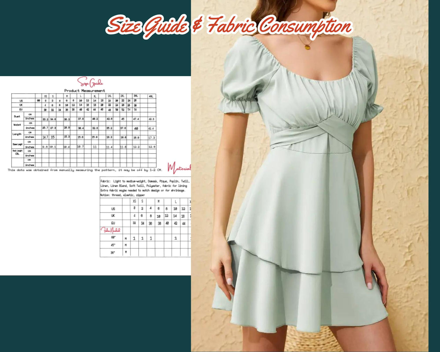 Patrón de costura de vestido, falda de doble capa, PDF, espalda abullonada con lazo, mangas XS-4XL, vestido de fiesta fácil de coser, vestido de escote corazón, plantilla de vestido