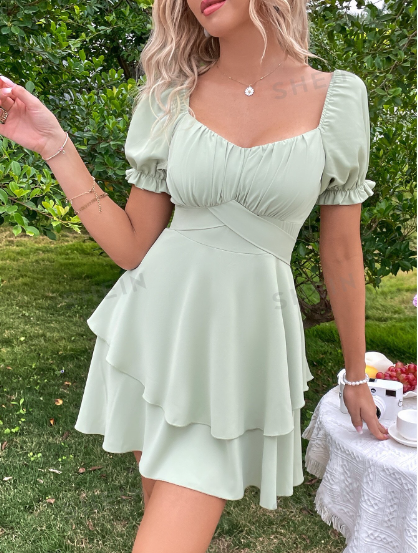 Patrón de costura de vestido, falda de doble capa, PDF, espalda abullonada con lazo, mangas XS-4XL, vestido de fiesta fácil de coser, vestido de escote corazón, plantilla de vestido