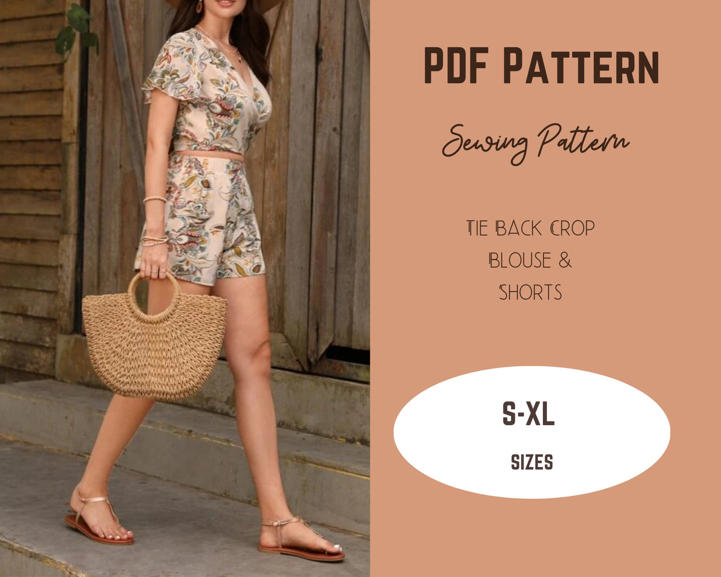 Patrón de costura para conjunto de top y pantalón corto con lazo delantero y mangas acampanadas elásticas Patrón PDF S-3XL