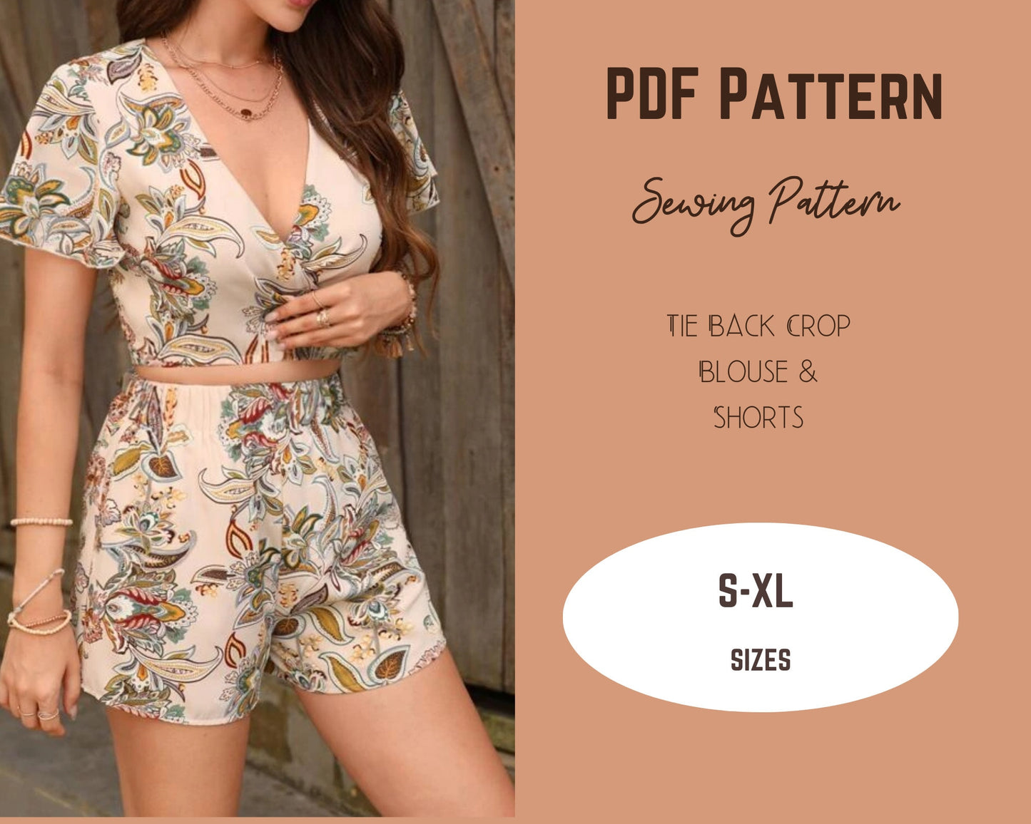 Patrón de costura para conjunto de top y pantalón corto con lazo delantero y mangas acampanadas elásticas Patrón PDF S-3XL