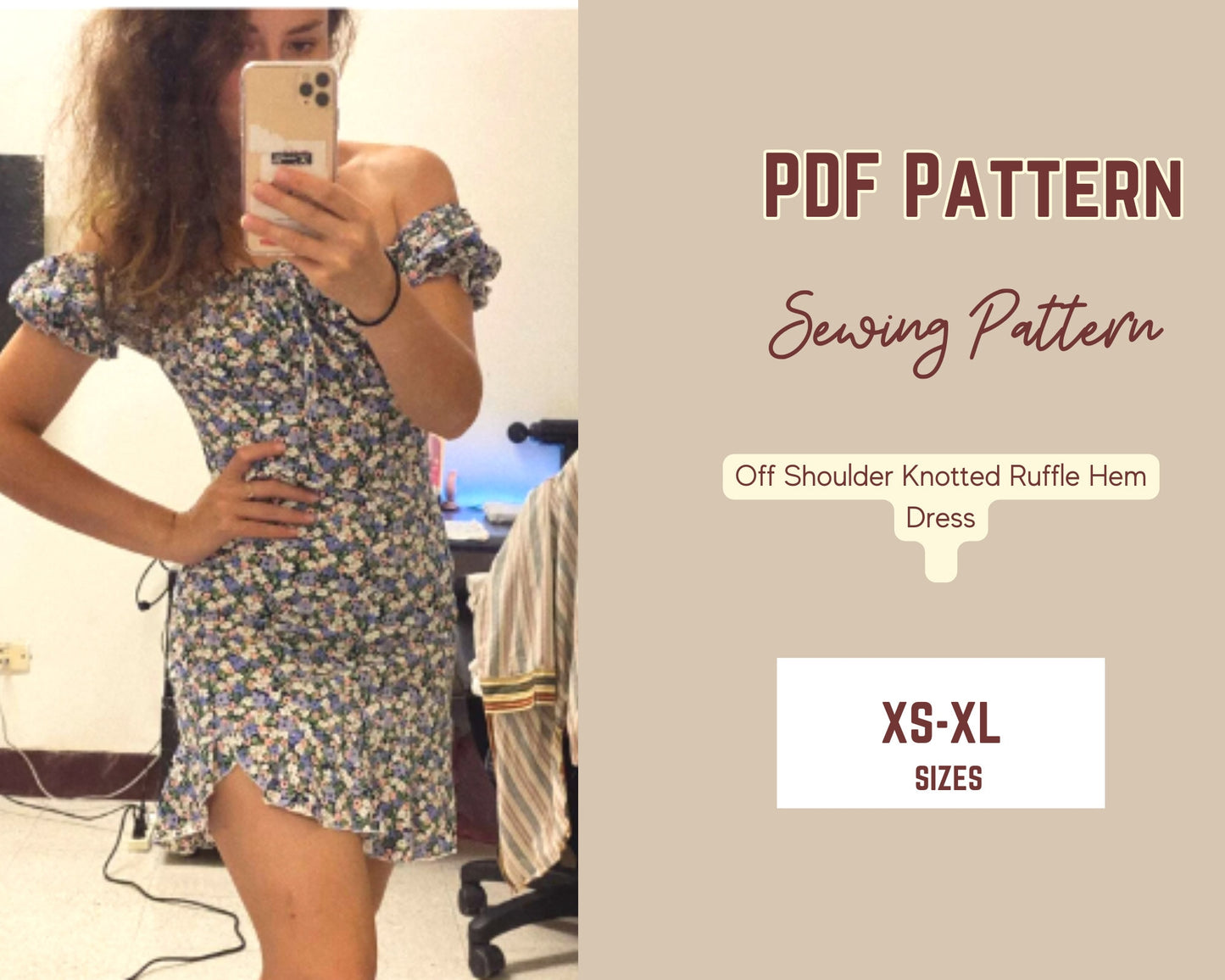 Patrón de vestido con hombros descubiertos, mangas abullonadas, elástico, sexy, PDF, tallas XS-XXL, con lazo delantero, dobladillo con volantes, plantilla para mujer