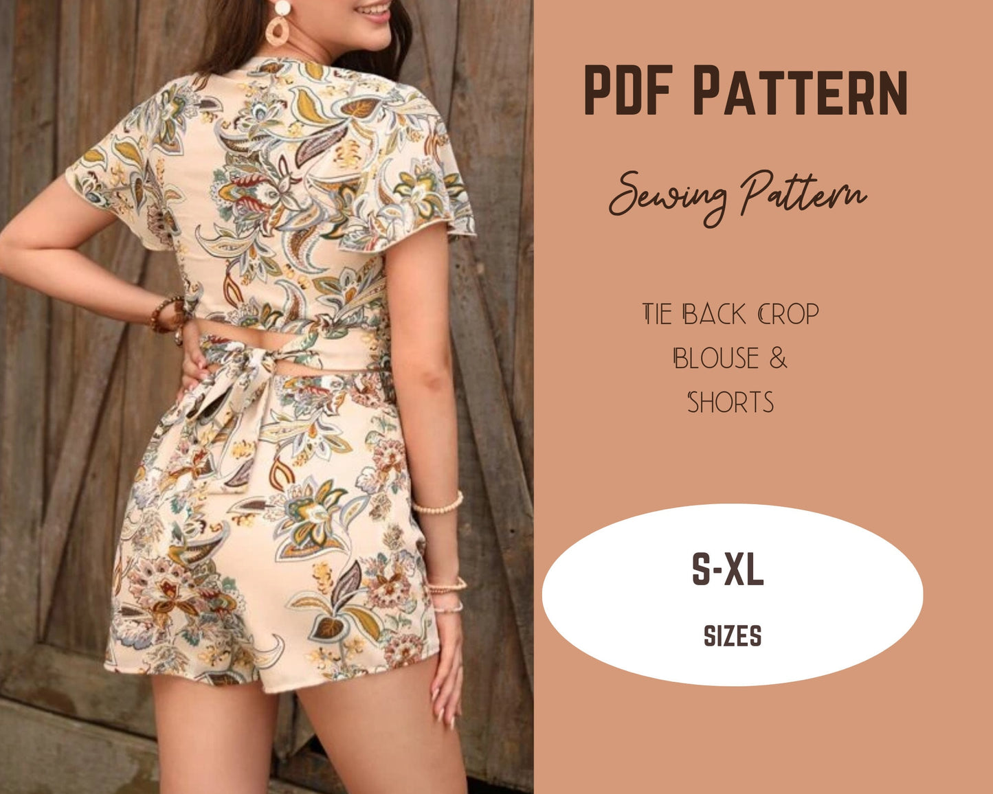 Patrón de costura para conjunto de top y pantalón corto con lazo delantero y mangas acampanadas elásticas Patrón PDF S-3XL