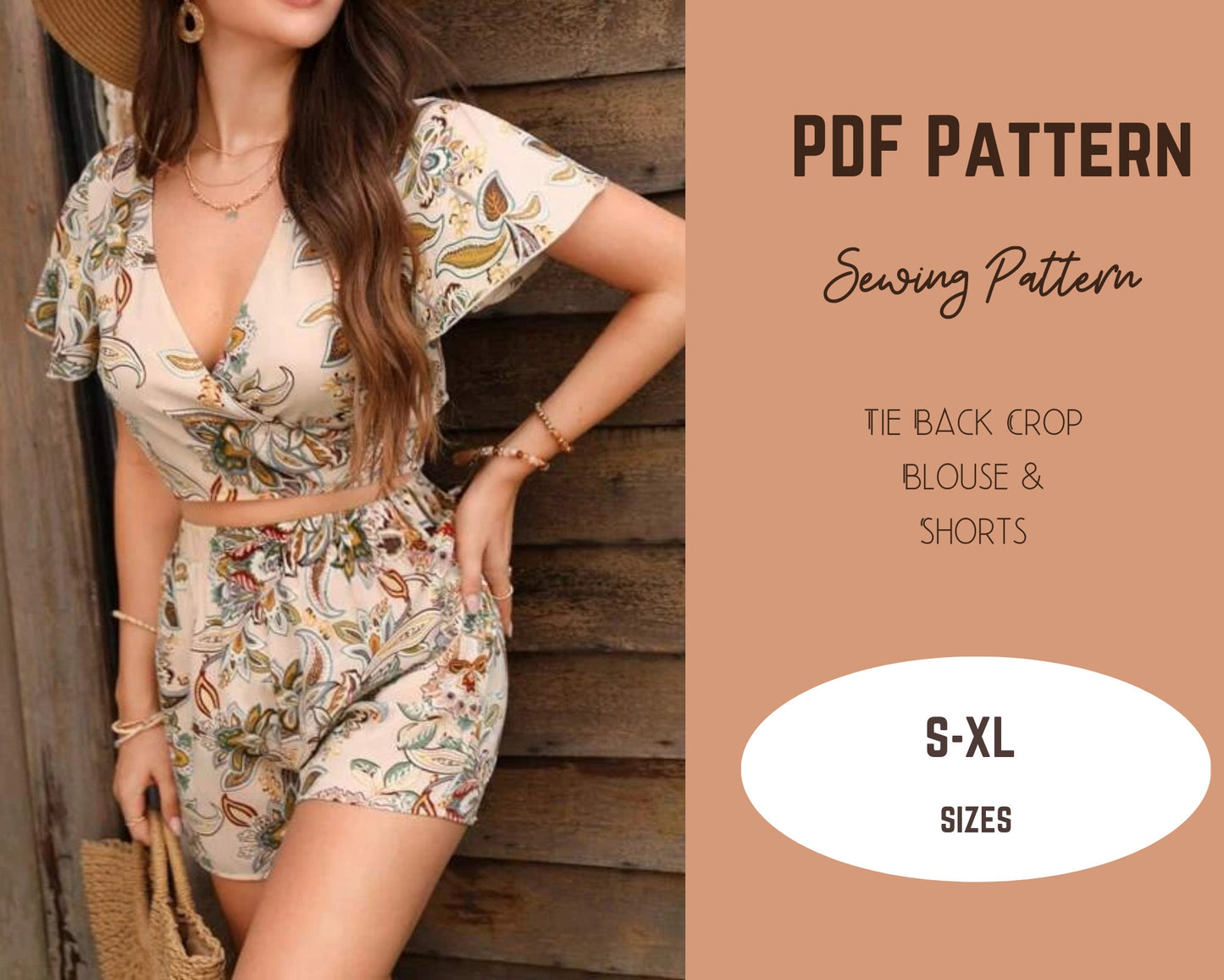 Patrón de costura para conjunto de top y pantalón corto con lazo delantero y mangas acampanadas elásticas Patrón PDF S-3XL