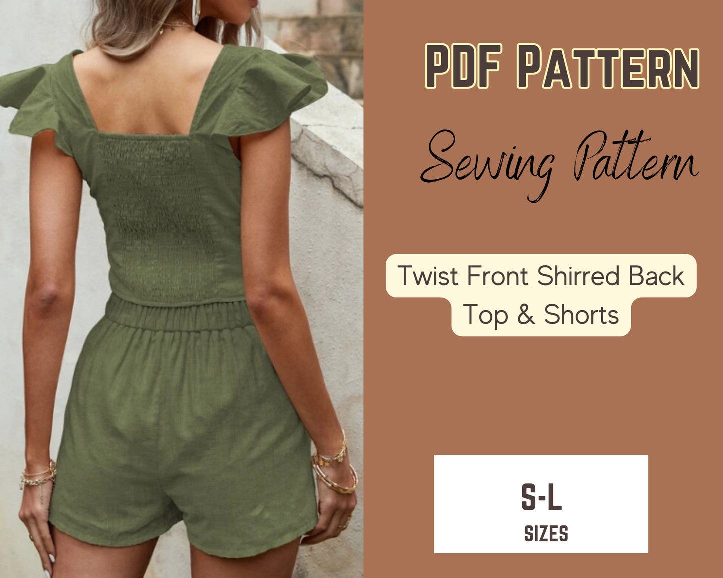 Top mit Rüschenärmeln, Twist-Front-Top, Taillenshorts PDF SL, Leinen DIY Zweiteiler-Outfits, Sommermode