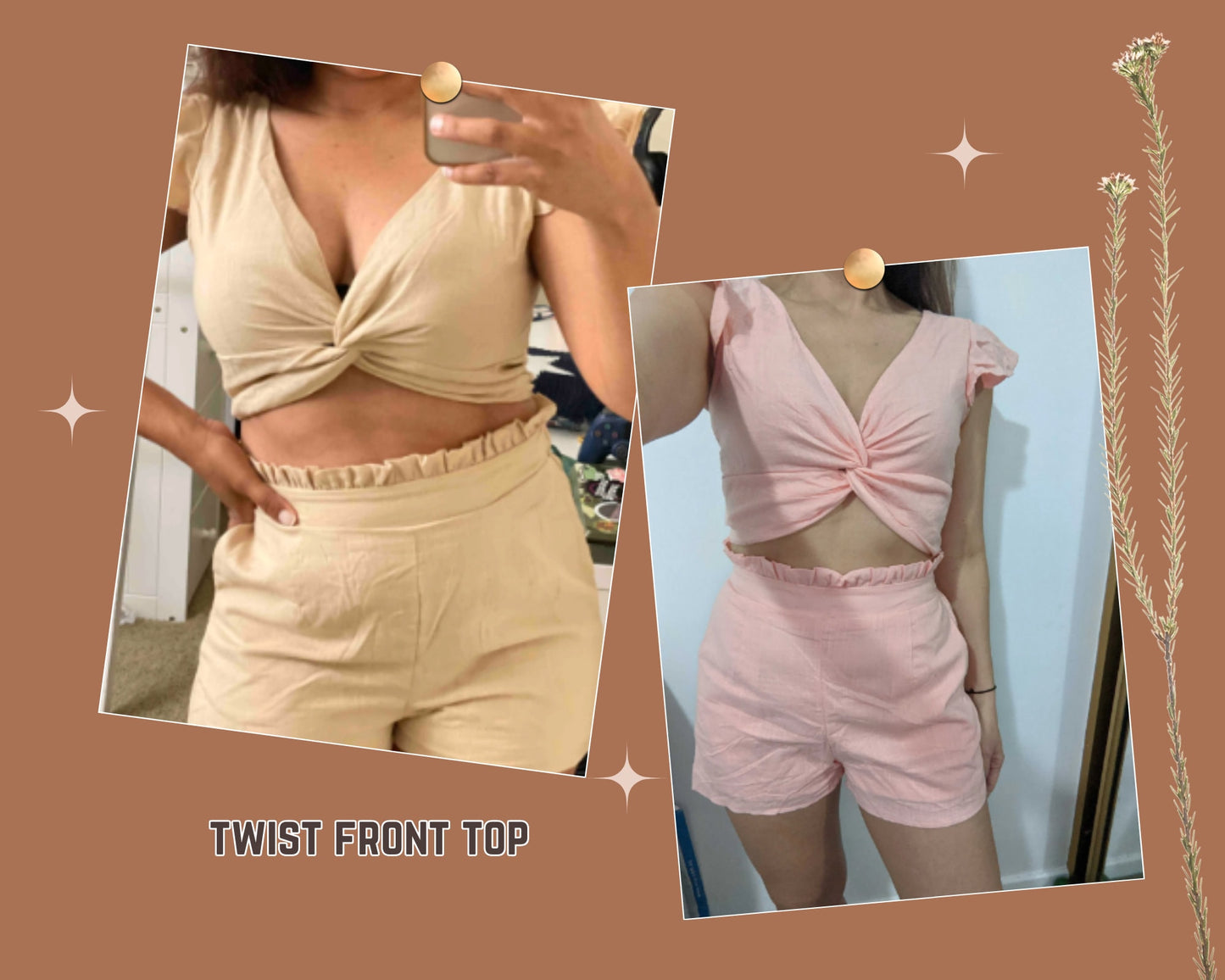 Top mit Rüschenärmeln, Twist-Front-Top, Taillenshorts PDF SL, Leinen DIY Zweiteiler-Outfits, Sommermode