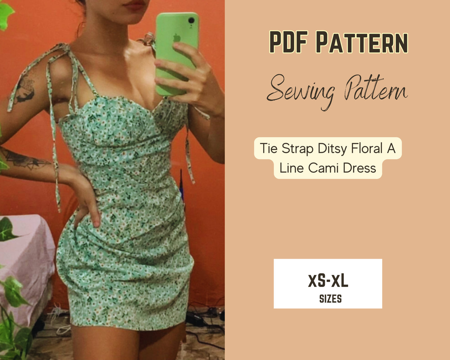 Patrón de vestido de mujer, vestido sin mangas, tirante de lazo, bustier digital, descarga PDF XS-XL, minivestido, atuendo de verano,