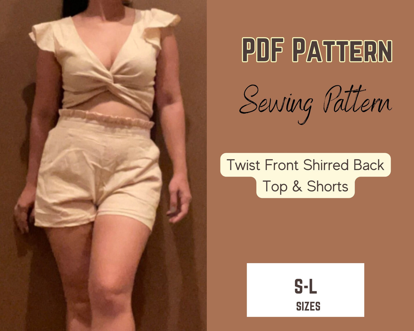 Top mit Rüschenärmeln, Twist-Front-Top, Taillenshorts PDF SL, Leinen DIY Zweiteiler-Outfits, Sommermode