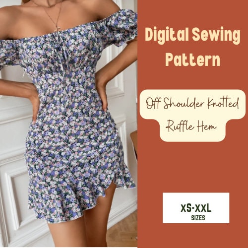 Patrón de vestido con hombros descubiertos, mangas abullonadas, elástico, sexy, PDF, tallas XS-XXL, con lazo delantero, dobladillo con volantes, plantilla para mujer