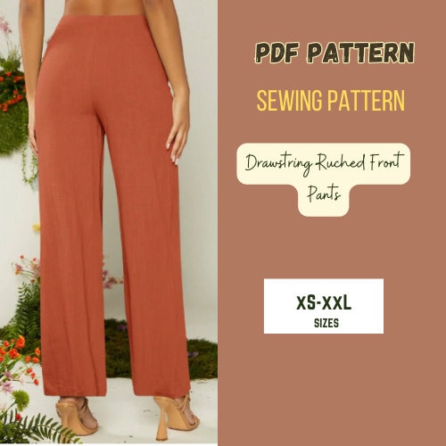 Patrón de pantalón de mujer con fruncido delantero, holgado, PDF digital, tallas XS-XXL, pierna recta, pantalones cómodos, moda de tendencia.