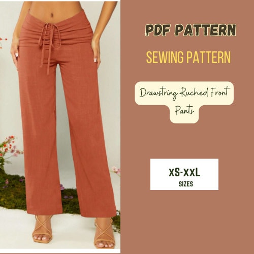 Patrón de pantalón de mujer con fruncido delantero, holgado, PDF digital, tallas XS-XXL, pierna recta, pantalones cómodos, moda de tendencia.