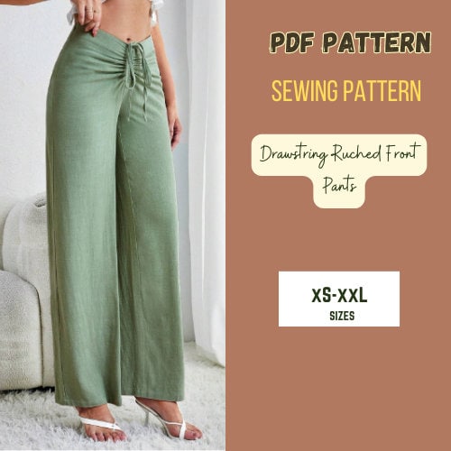 Patrón de pantalón de mujer con fruncido delantero, holgado, PDF digital, tallas XS-XXL, pierna recta, pantalones cómodos, moda de tendencia.