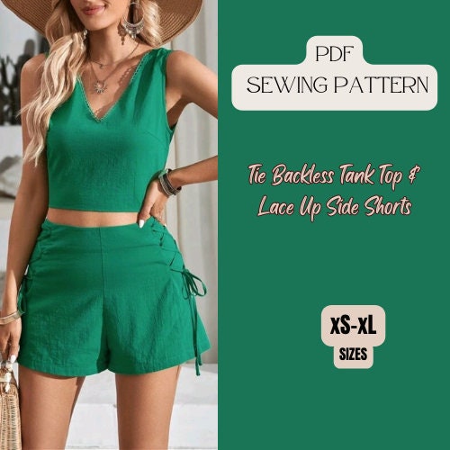 Patrón de costura de top sin espalda con lazo y pantalones cortos con cordones laterales, talla XL a XL, conjunto para mujer