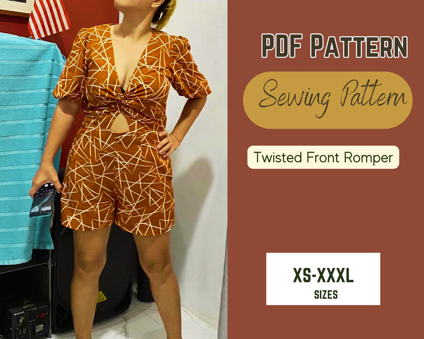 Patrón de costura para mono con giro delantero y mono con mangas abullonadas y escote en V, patrón PDF para tallas XS-XXXL, mono sexy DIY