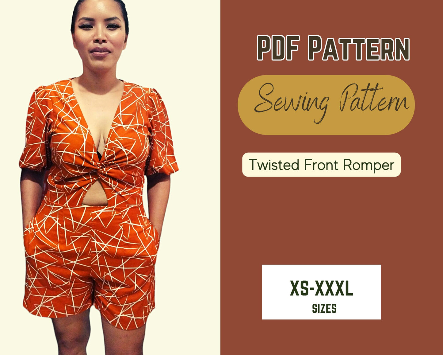 Patrón de costura para mono con giro delantero y mono con mangas abullonadas y escote en V, patrón PDF para tallas XS-XXXL, mono sexy DIY