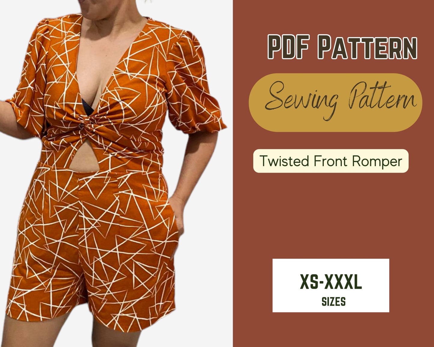 Patrón de costura para mono con giro delantero y mono con mangas abullonadas y escote en V, patrón PDF para tallas XS-XXXL, mono sexy DIY