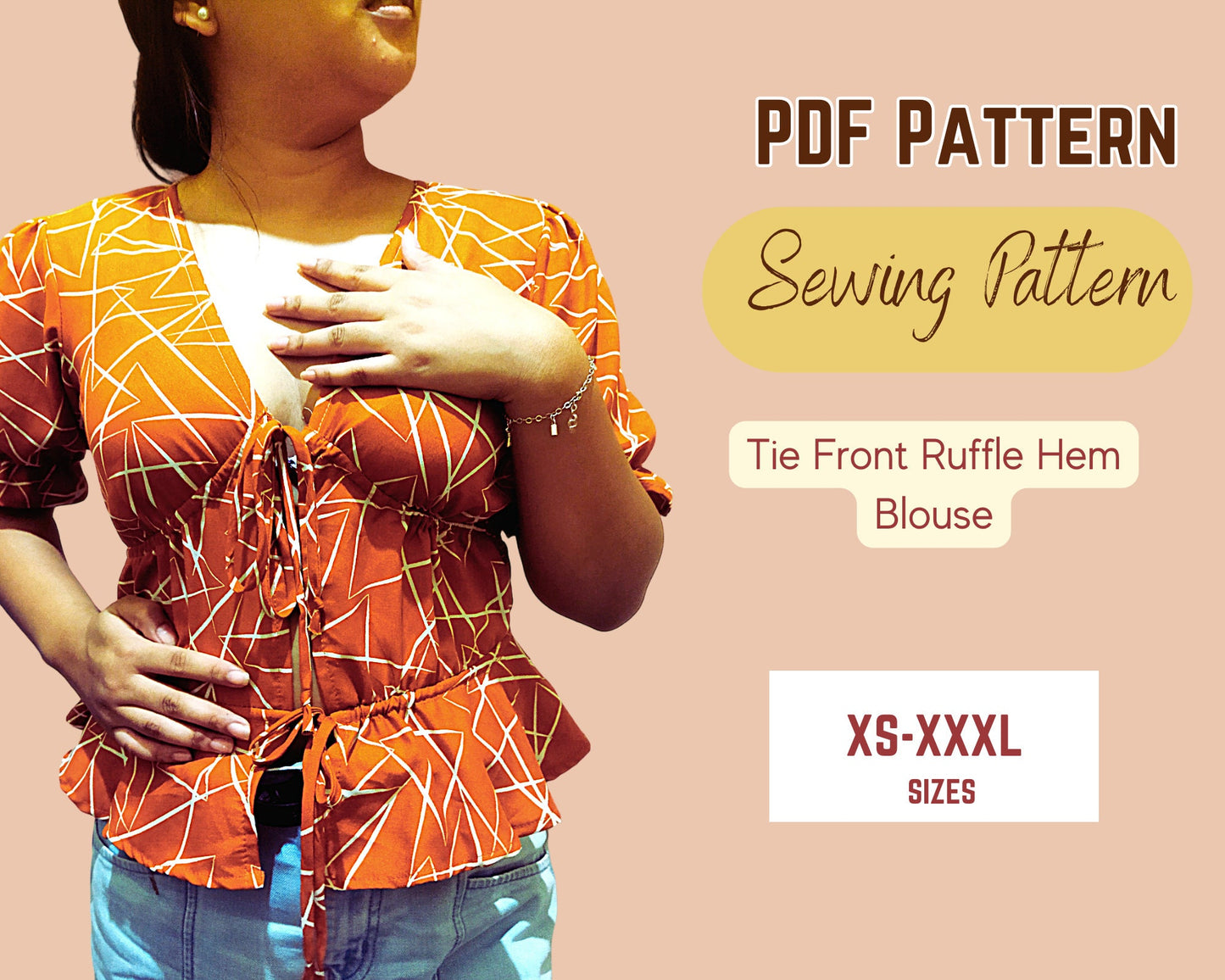 Schnittmuster für Bluse mit Bindeband vorne, PDF, XS-XXXL, Oberteil für Damen und Teenager, Volantsaum, tiefer Ausschnitt, Kordelzug vorne