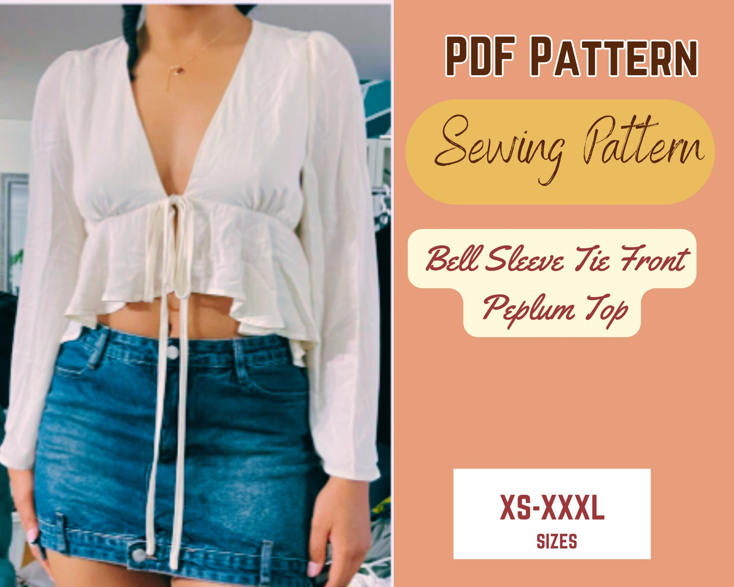 Patrón de costura para blusa con mangas acampanadas, lazo delantero, peplum, volantes en el bajo, tallas XS-XXXL, escote en V profundo.