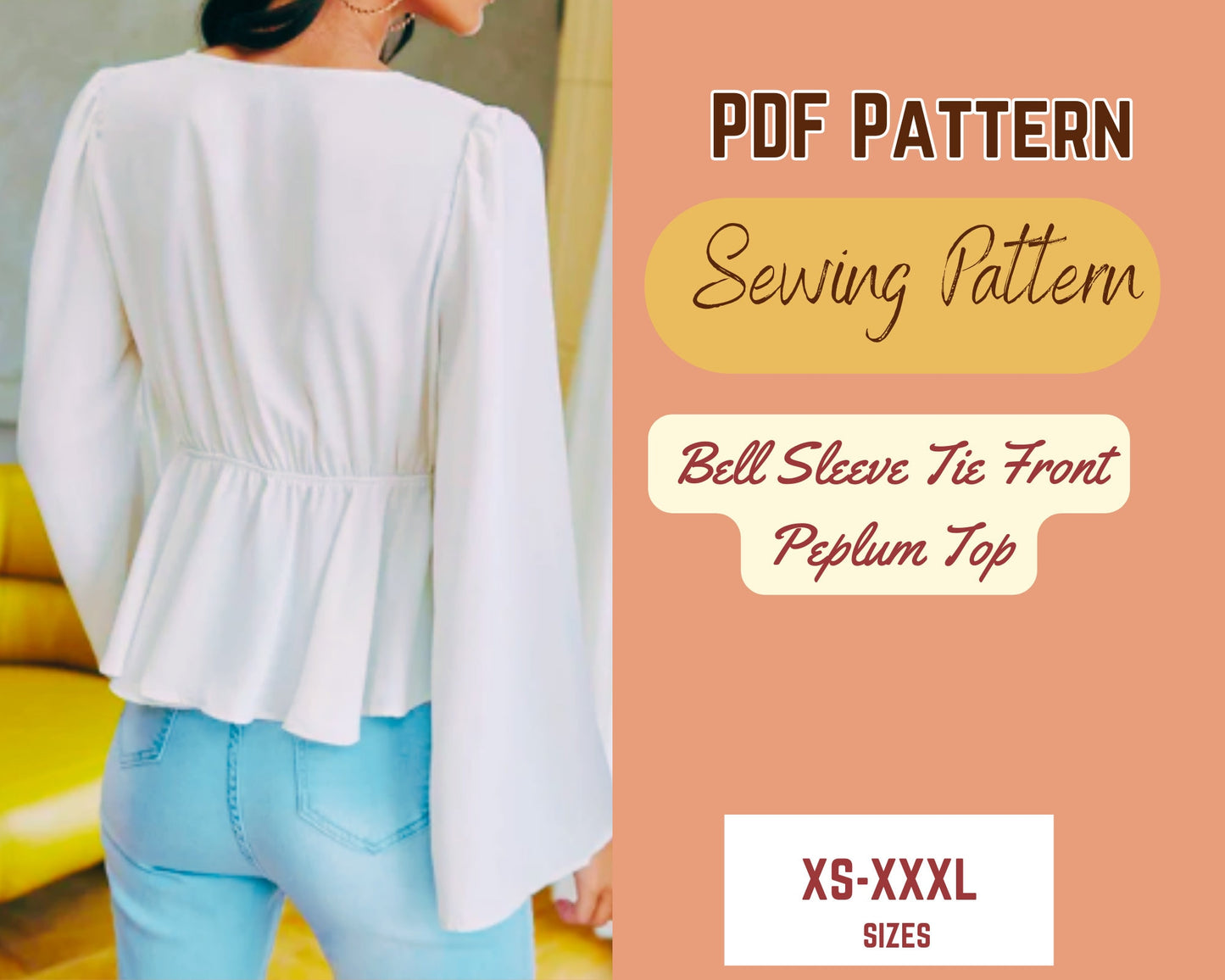 Patrón de costura para blusa con mangas acampanadas, lazo delantero, peplum, volantes en el bajo, tallas XS-XXXL, escote en V profundo.
