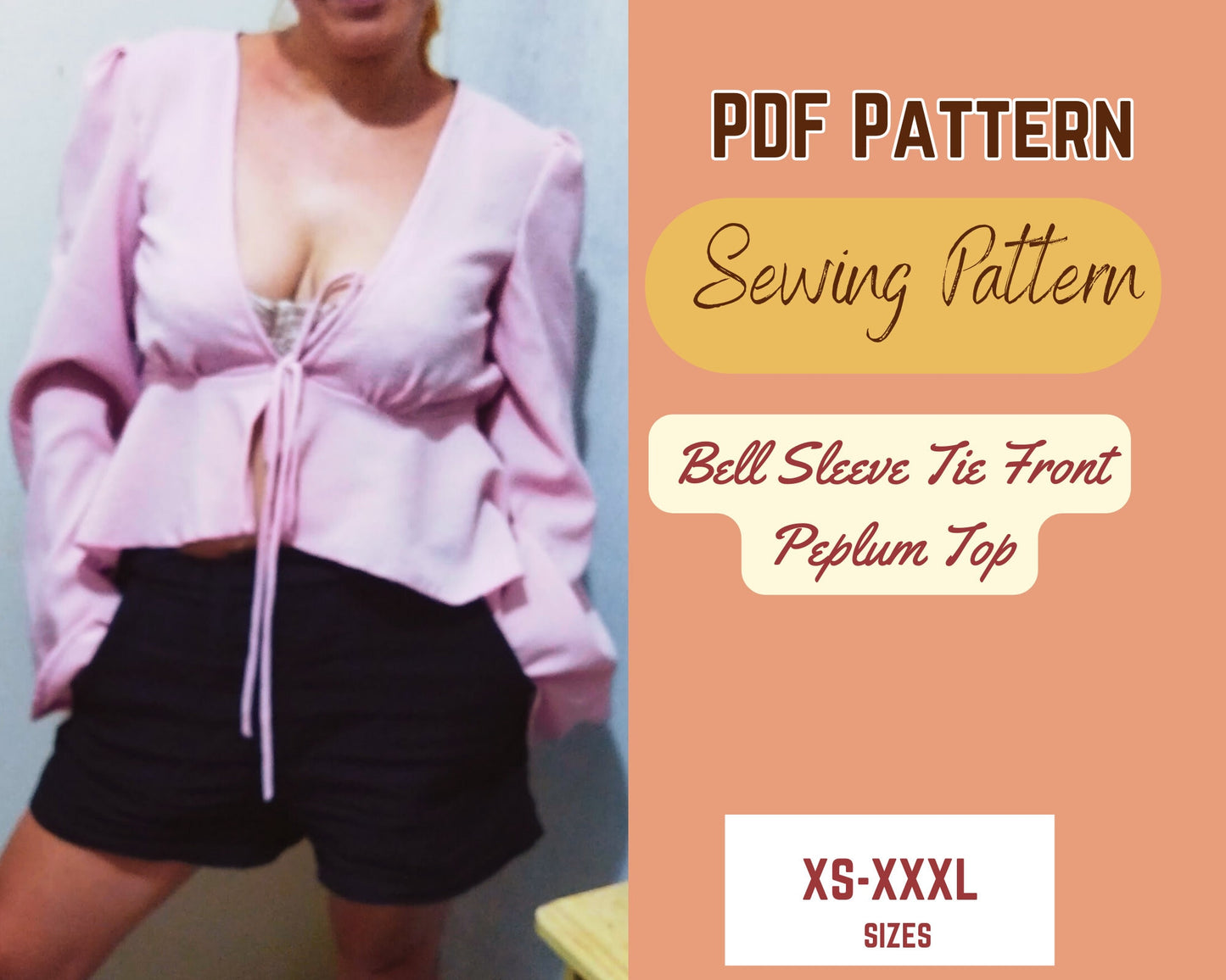 Patrón de costura para blusa con mangas acampanadas, lazo delantero, peplum, volantes en el bajo, tallas XS-XXXL, escote en V profundo.