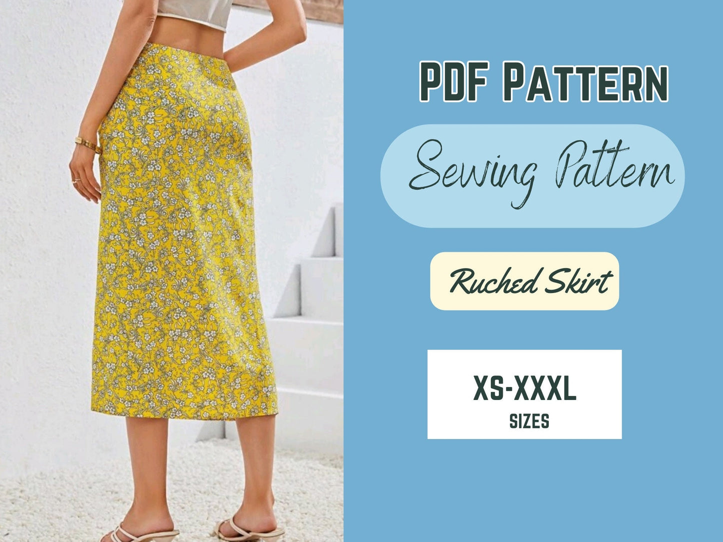Patrón de costura de falda PDF XS-XXXL Falda con cordón Moda para mujer, Diseño moderno, Patrón fácil de coser, abertura lateral, drapeado fruncido