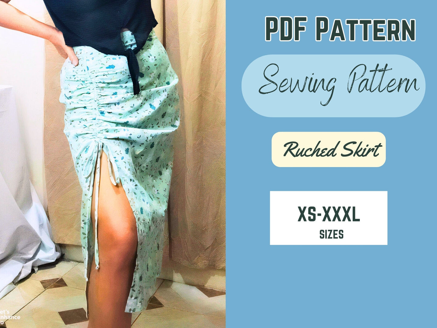 Patrón de costura de falda PDF XS-XXXL Falda con cordón Moda para mujer, Diseño moderno, Patrón fácil de coser, abertura lateral, drapeado fruncido
