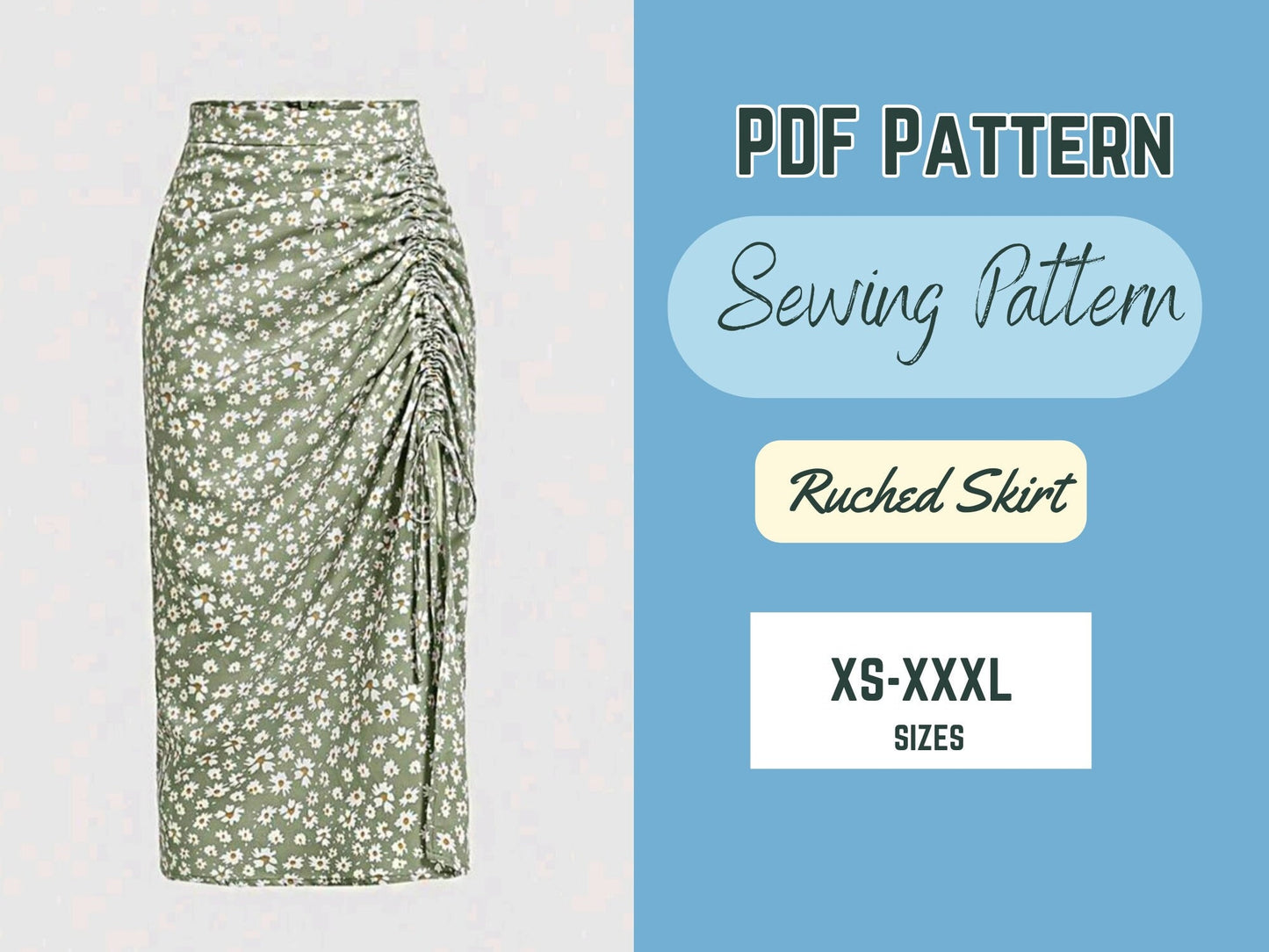 Patrón de costura de falda PDF XS-XXXL Falda con cordón Moda para mujer, Diseño moderno, Patrón fácil de coser, abertura lateral, drapeado fruncido