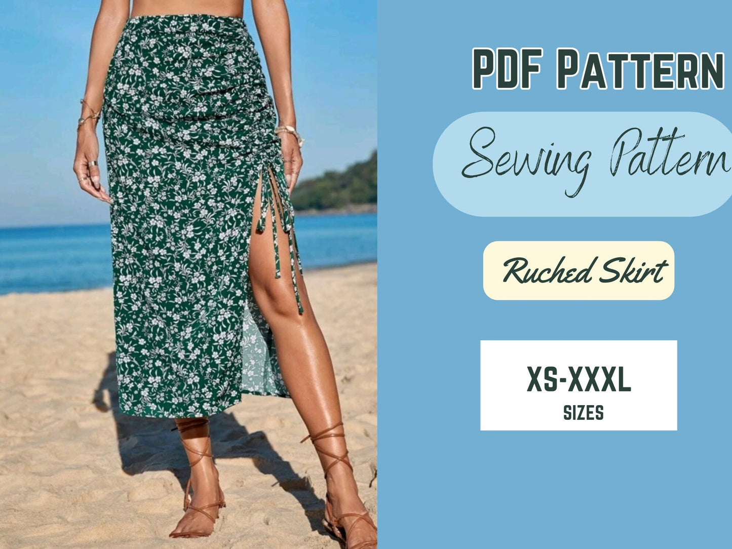 Patrón de costura de falda PDF XS-XXXL Falda con cordón Moda para mujer, Diseño moderno, Patrón fácil de coser, abertura lateral, drapeado fruncido