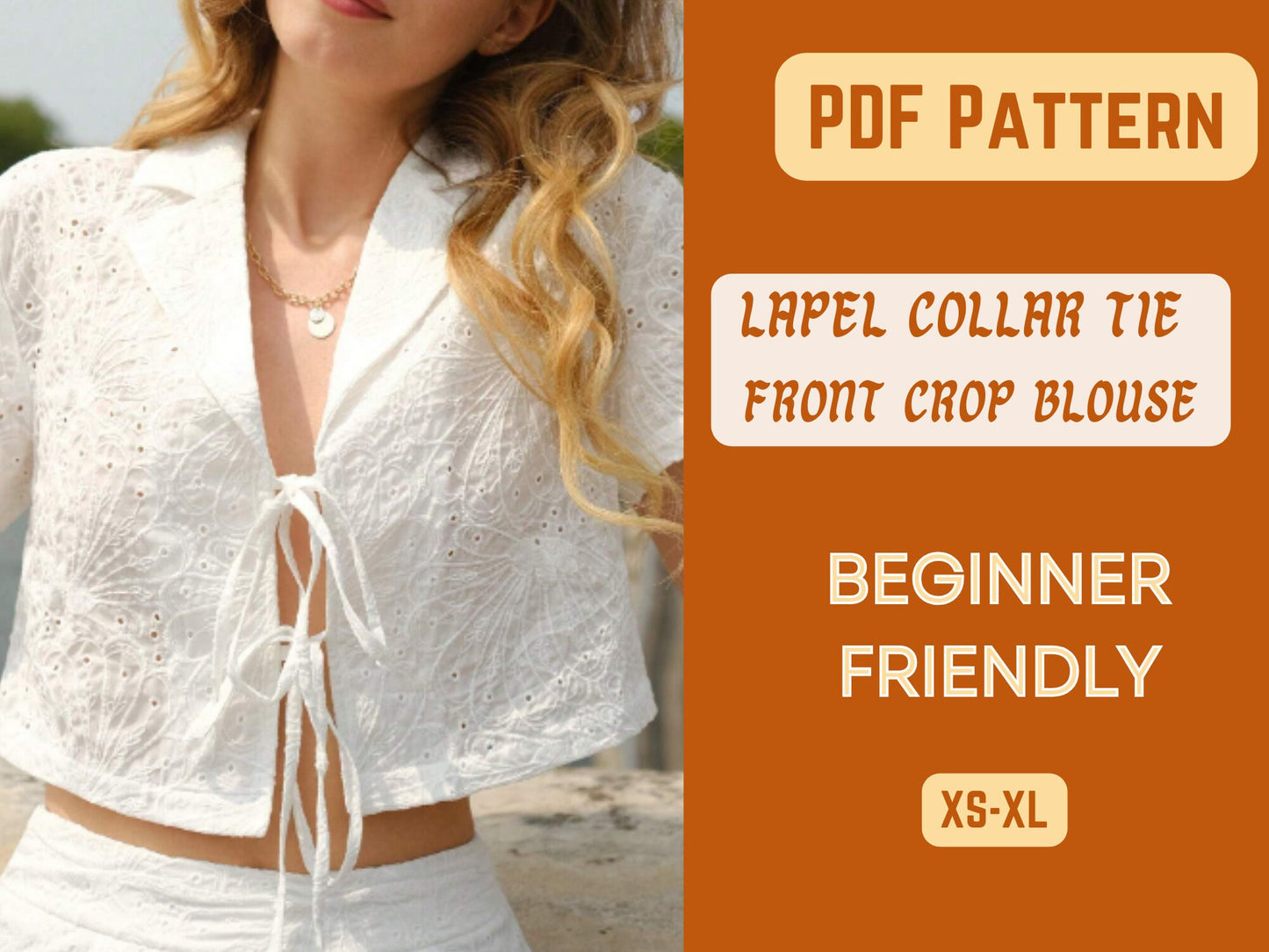 Patrón de costura para blusa con cuello de solapa, camiseta, descarga digital, camisa XS-XL, ropa para adolescentes, patrón en PDF, blusa con mangas anudadas al frente, top corto