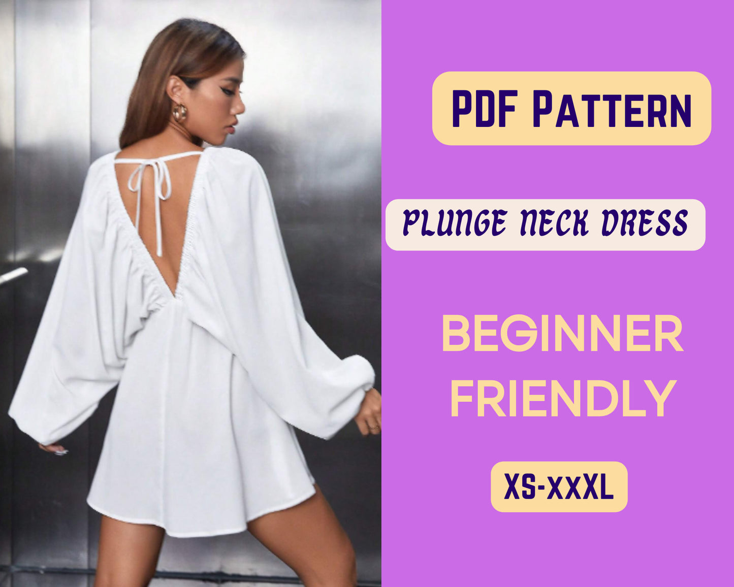 Schnittmuster für Kleid mit tiefem Ausschnitt, Urlaubskleid, PDF-Muster, Sexy Damenmode, XS-XXXL, Umstandsmode, tiefer V-Ausschnitt