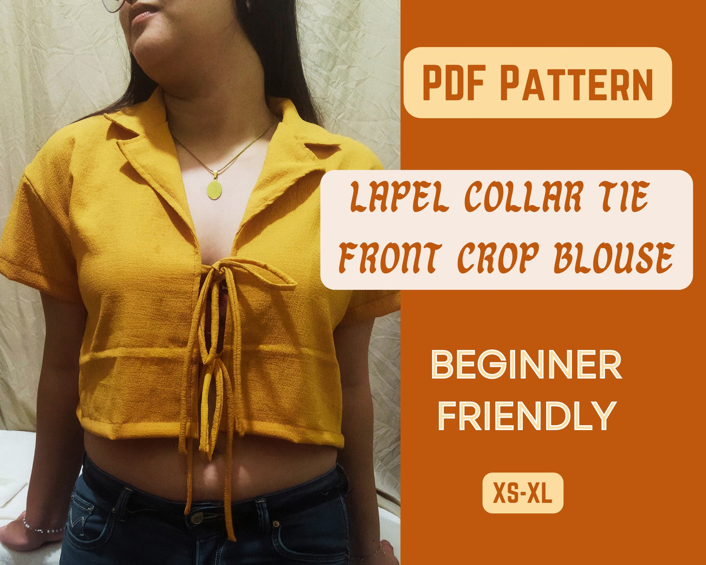 Patrón de costura para blusa con cuello de solapa, camiseta, descarga digital, camisa XS-XL, ropa para adolescentes, patrón en PDF, blusa con mangas anudadas al frente, top corto