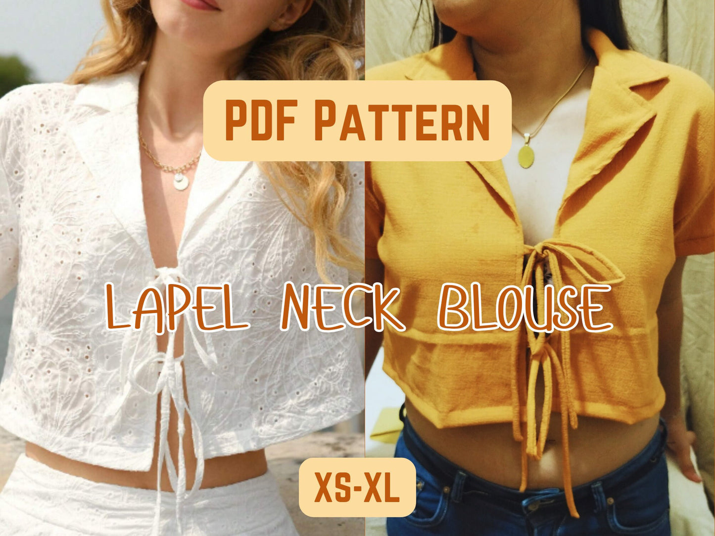 Patrón de costura para blusa con cuello de solapa, camiseta, descarga digital, camisa XS-XL, ropa para adolescentes, patrón en PDF, blusa con mangas anudadas al frente, top corto
