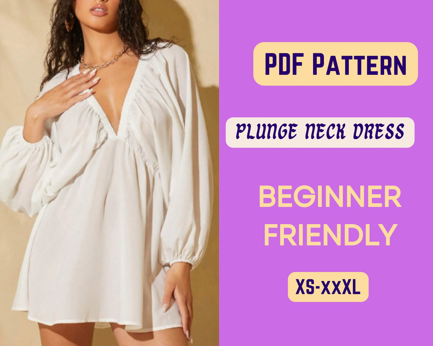 Schnittmuster für Kleid mit tiefem Ausschnitt, Urlaubskleid, PDF-Muster, Sexy Damenmode, XS-XXXL, Umstandsmode, tiefer V-Ausschnitt
