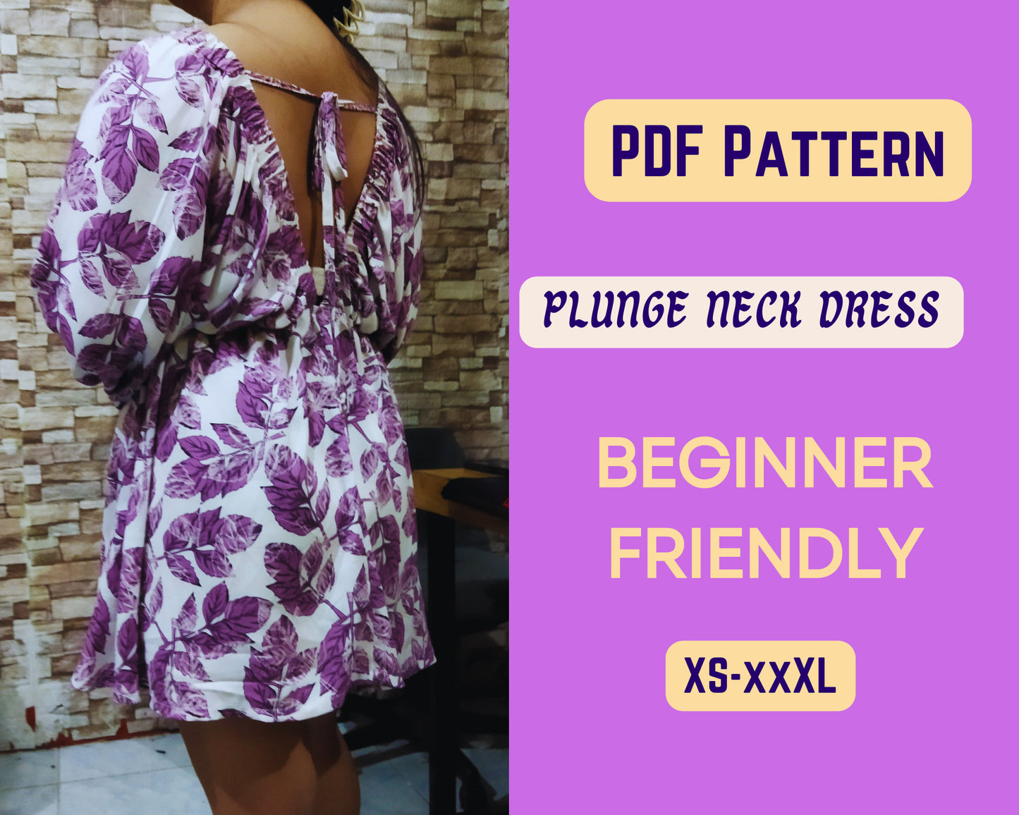 Schnittmuster für Kleid mit tiefem Ausschnitt, Urlaubskleid, PDF-Muster, Sexy Damenmode, XS-XXXL, Umstandsmode, tiefer V-Ausschnitt