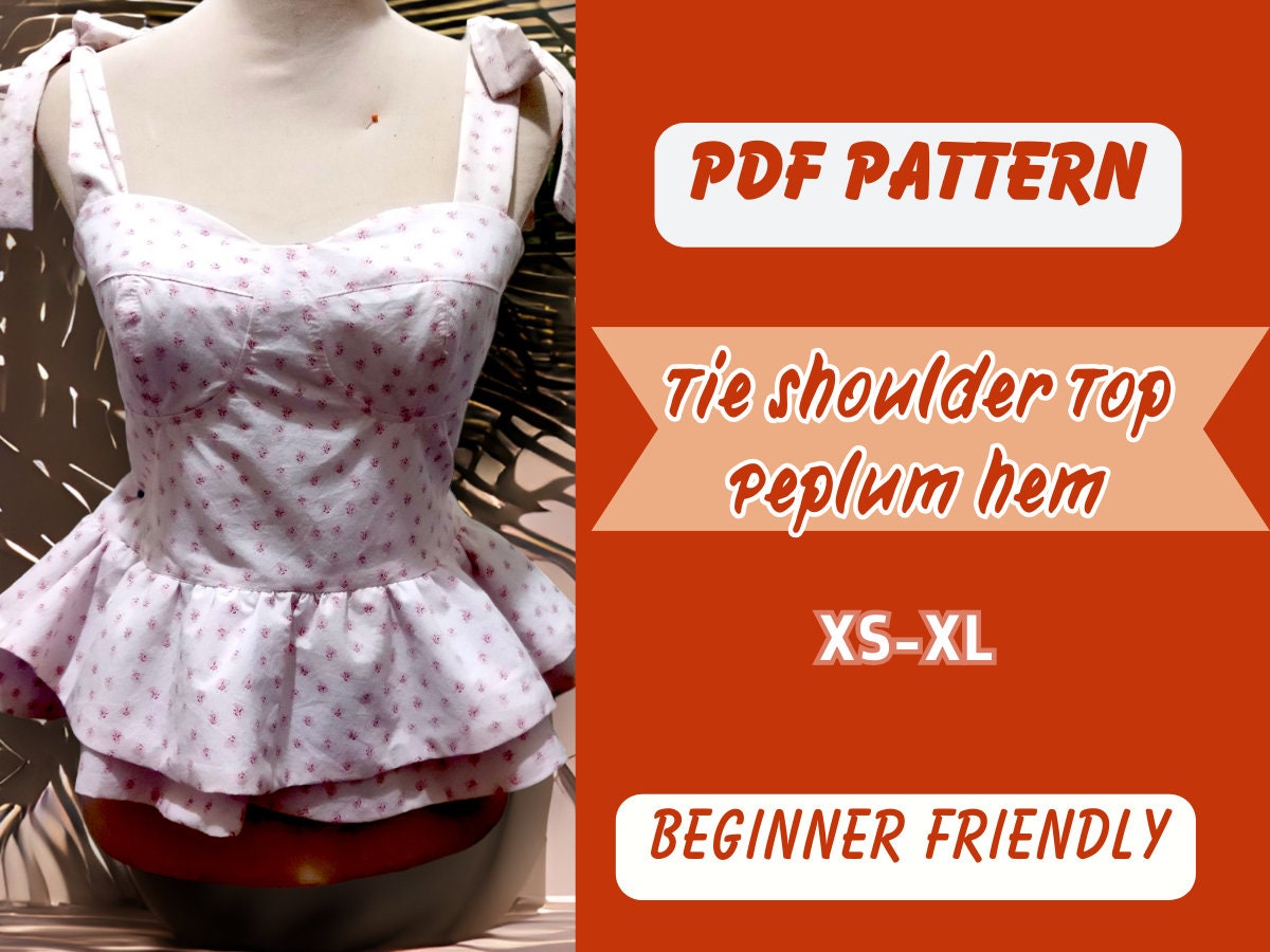 Patrón de costura para top peplum, blusa con tirantes anchos, tallas XS-XL, patrón en PDF, bustier sexy sin relleno, lazo en los hombros.