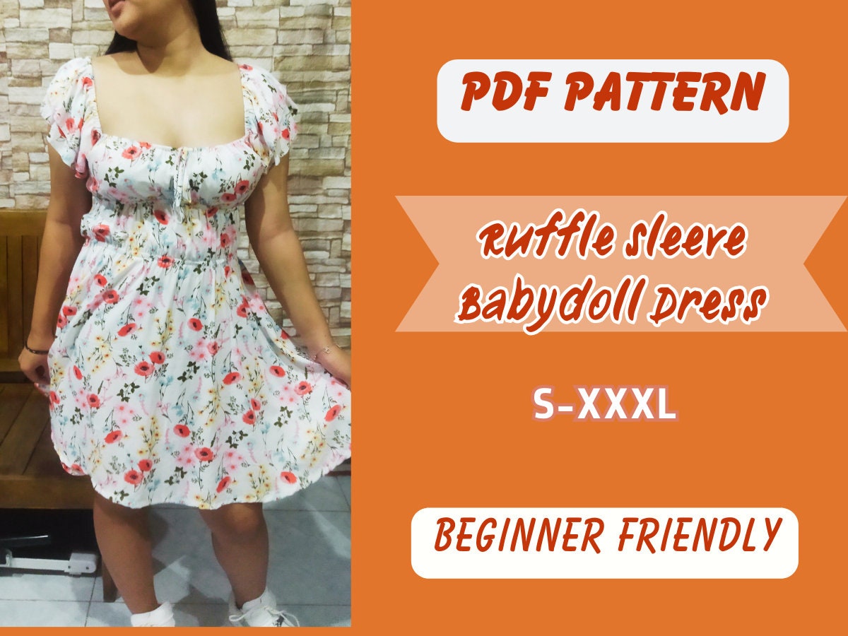 Patrón de vestido con mangas con volantes, tallas XS-XXXL, patrón digital en PDF, ropa para fiestas, cintura elástica, patrón fácil para mujer, vestido babydoll