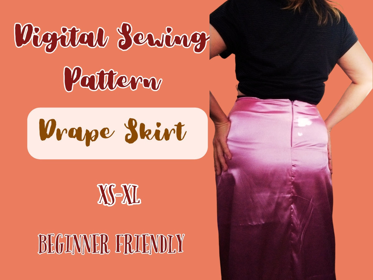Patrón de costura de falda, parte delantera drapeada, muslo dividido, patrón PDF, parte inferior sexy de mujer, falda de satén, tallas XS-XL