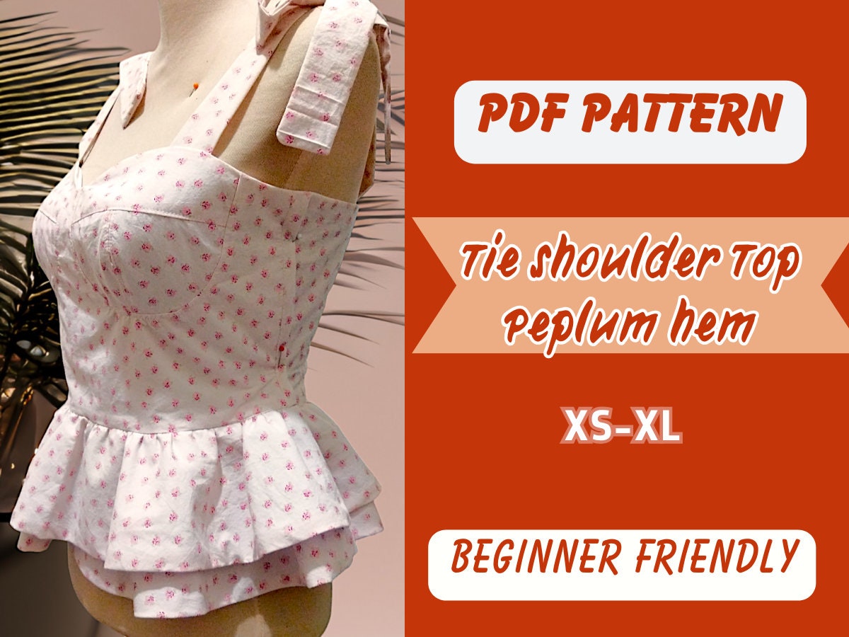 Patrón de costura para top peplum, blusa con tirantes anchos, tallas XS-XL, patrón en PDF, bustier sexy sin relleno, lazo en los hombros.