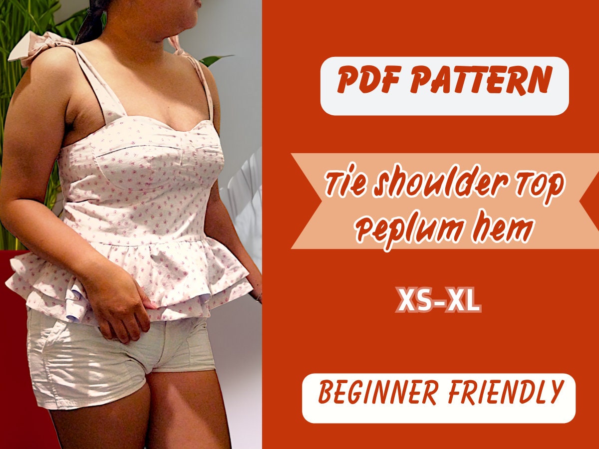 Patrón de costura para top peplum, blusa con tirantes anchos, tallas XS-XL, patrón en PDF, bustier sexy sin relleno, lazo en los hombros.