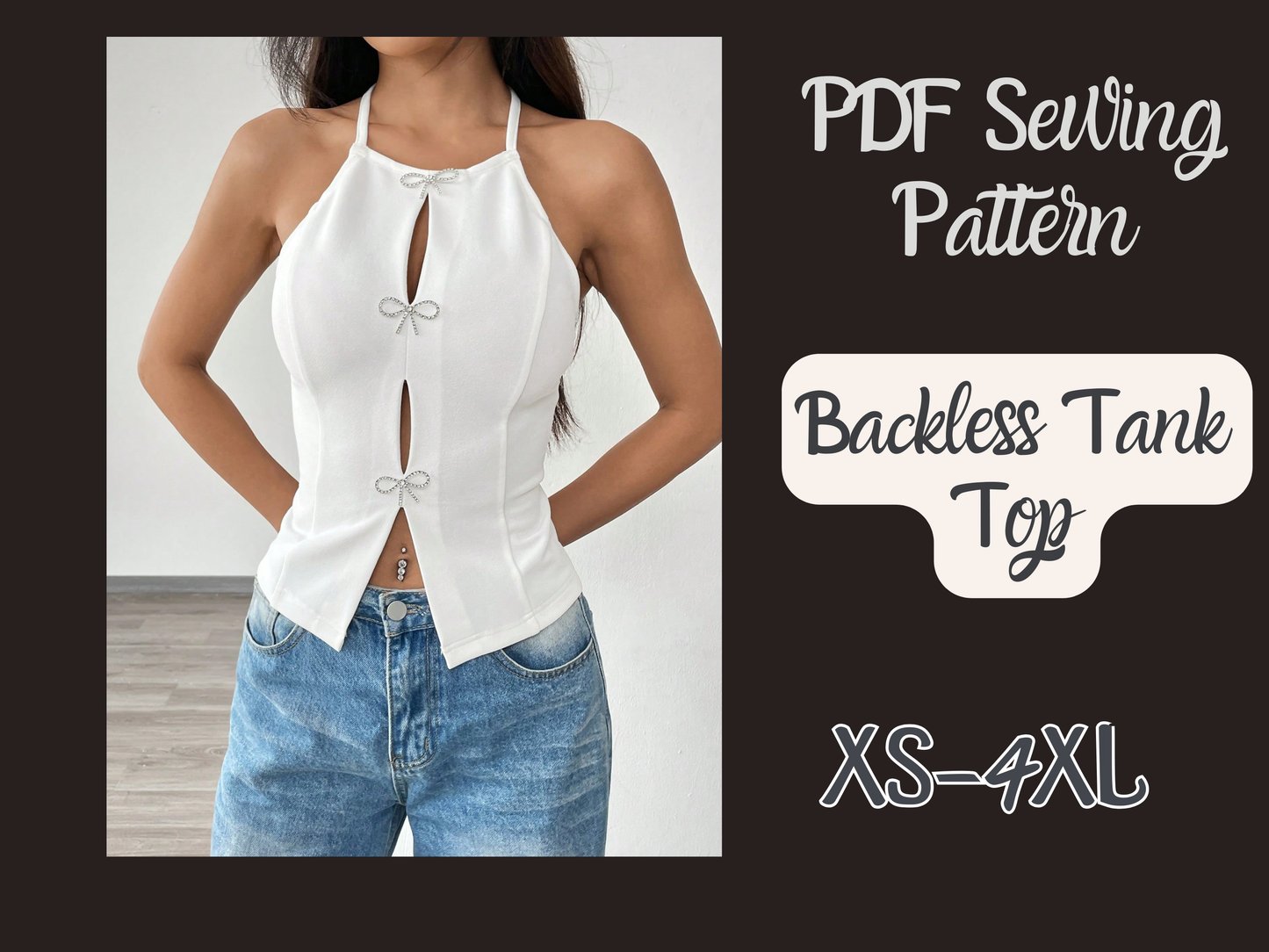 Rückenloses Top-Muster, Halter Neck Woman Digitalmuster, XS-4XL, Sofortiger Download, Ärmellose Bluse, Trendy Outfit, Schnittmuster Frau