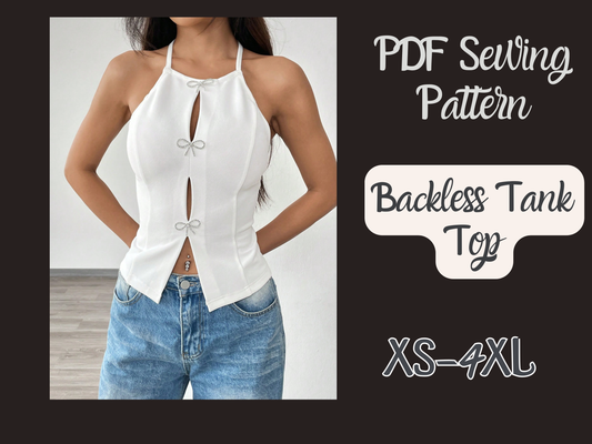 Rückenloses Top-Muster, Halter Neck Woman Digitalmuster, XS-4XL, Sofortiger Download, Ärmellose Bluse, Trendy Outfit, Schnittmuster Frau