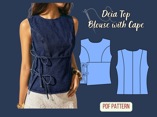 Denim Top Pattern, Blouse with Cape, S-3XL, Instant Download Pattern, PDF, Woman Sleeveless Summer Top
