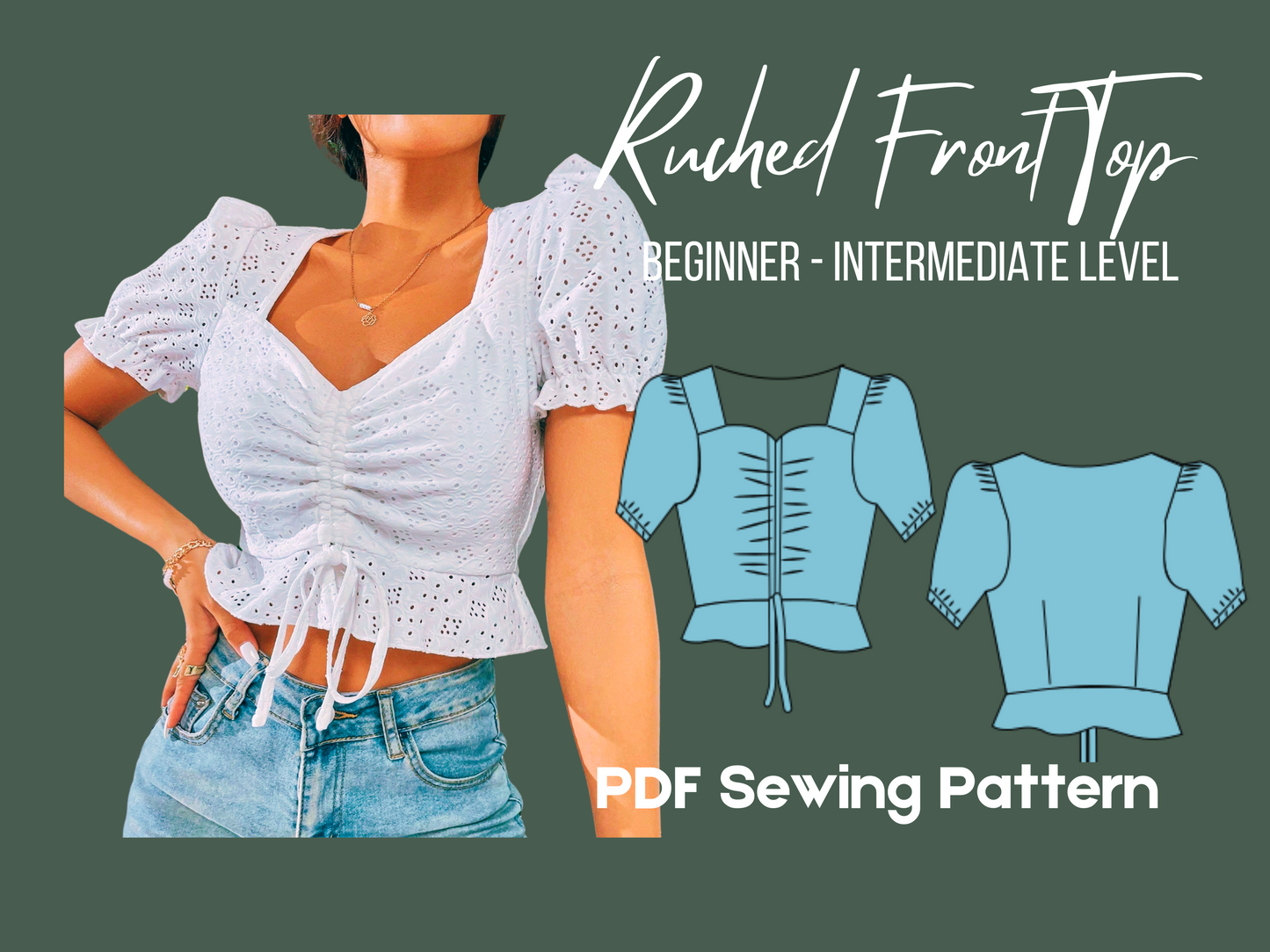 Patrón de blusa peplum con cuello corazón, costura digital, mangas abullonadas, dobladillo con volantes, PDF, tallas XS-4XL