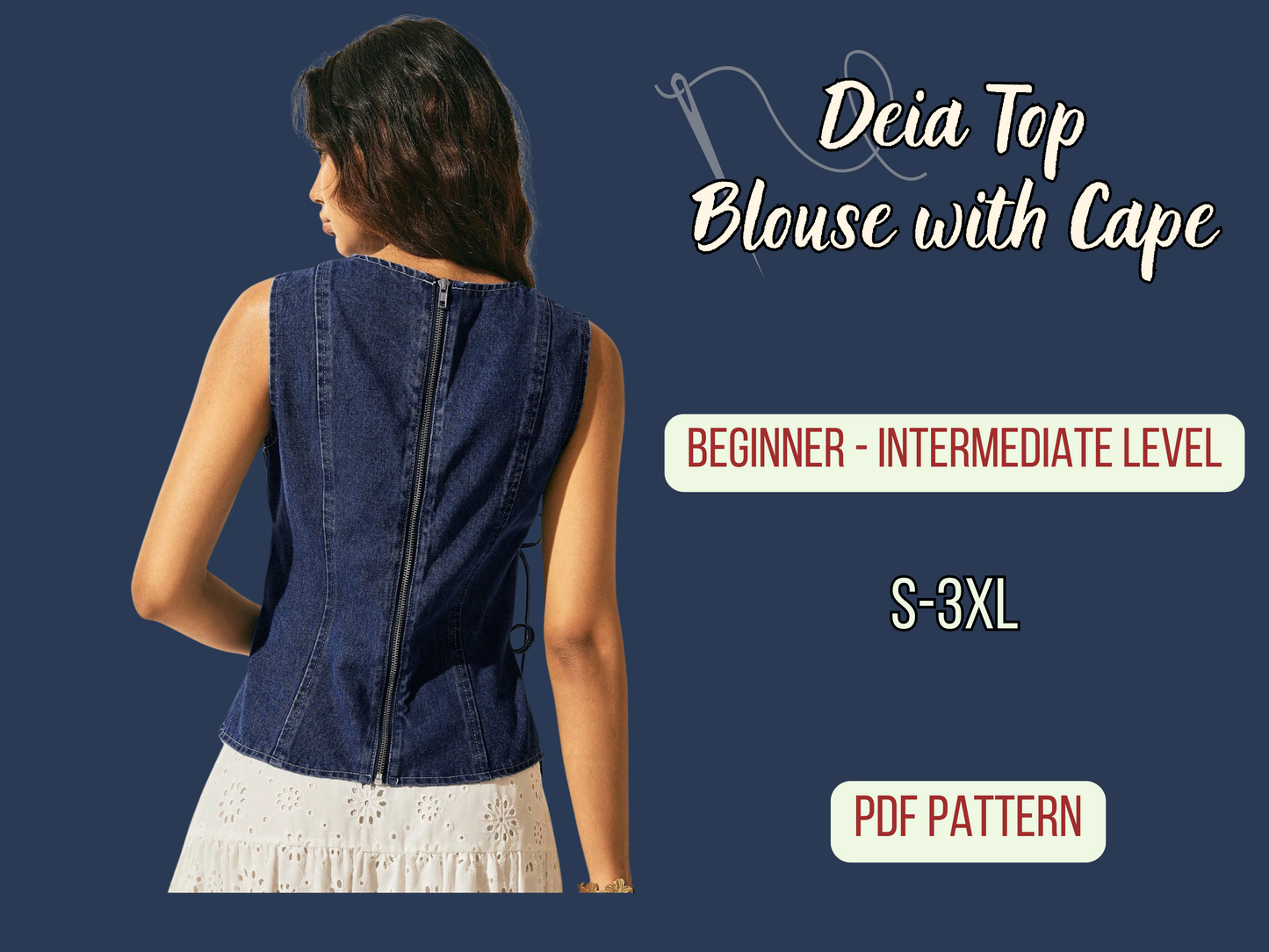 Denim Top Pattern, Blouse with Cape, S-3XL, Instant Download Pattern, PDF, Woman Sleeveless Summer Top